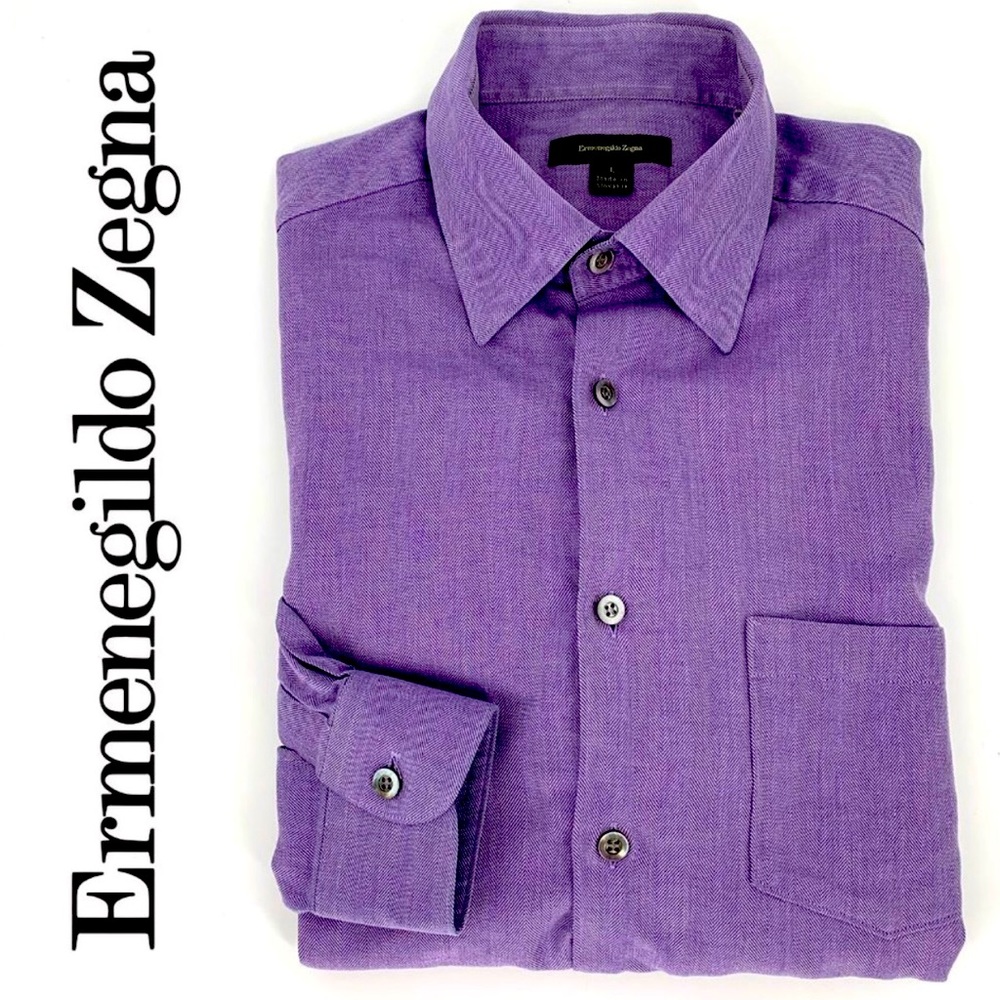 ERMENEGILDO ZEGNA Purple Herringbone Dress Shirt L